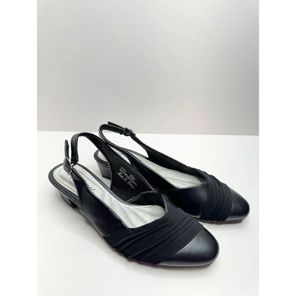 Easy Street Black Slingback Pumps‎ Pleated Low Block Heel Shoes 6.5